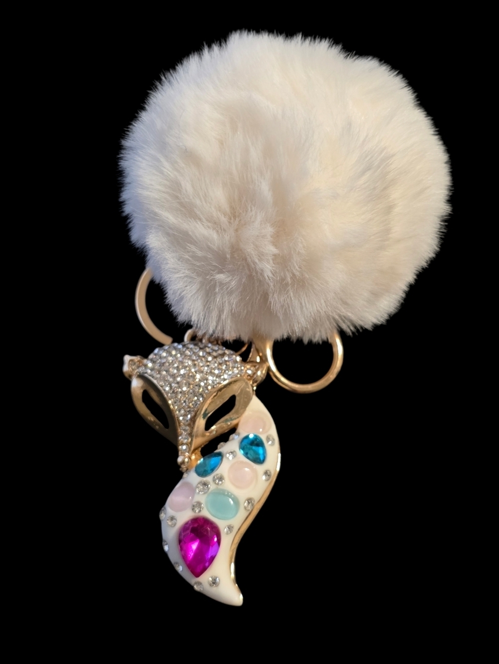 Glam White Fox Pom Charm Keychain Designer Style 2.5”